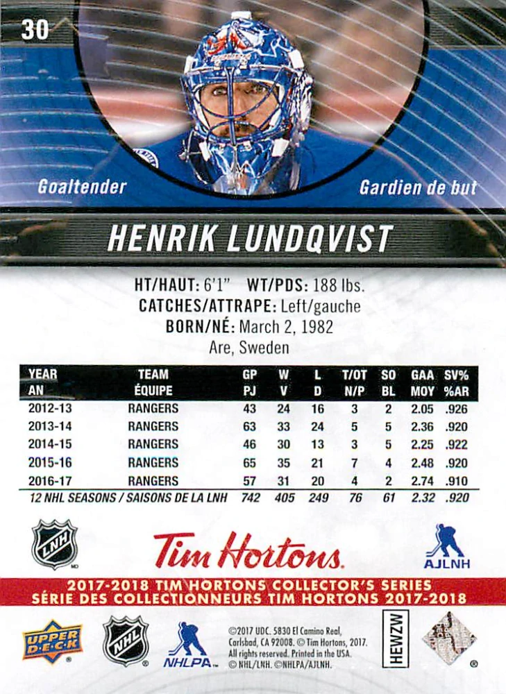 2017-18 UD Tim Hortons Collector's Series - Henrik Lundqvist #30