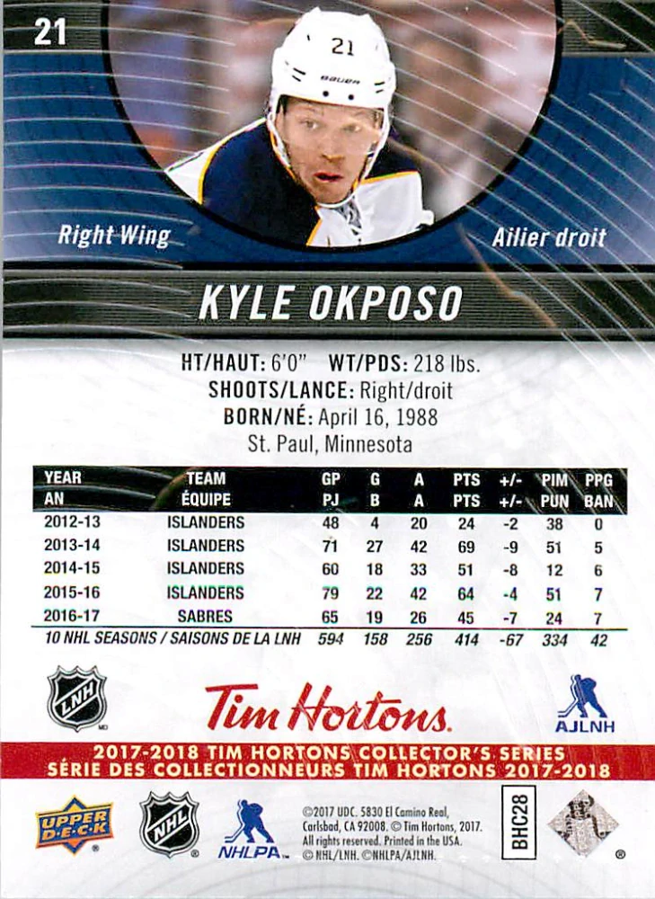 2017-18 UD Tim Hortons Collector's Series - Kyle Okposo #21