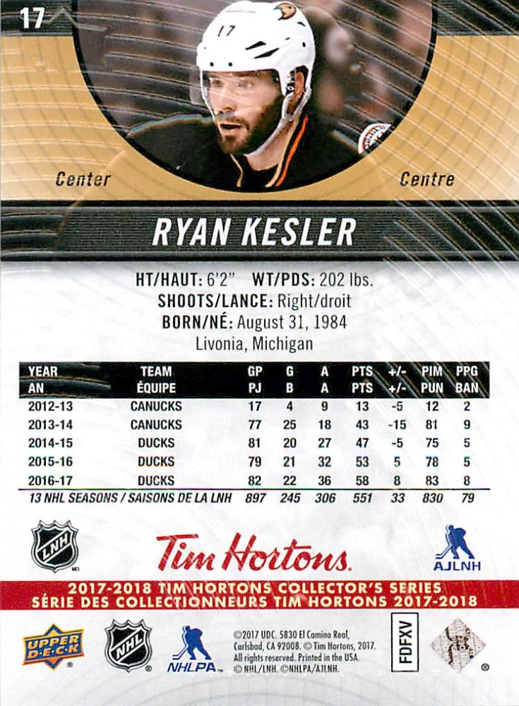 2017-18 UD Tim Hortons Collector's Series - Ryan Kesler #17