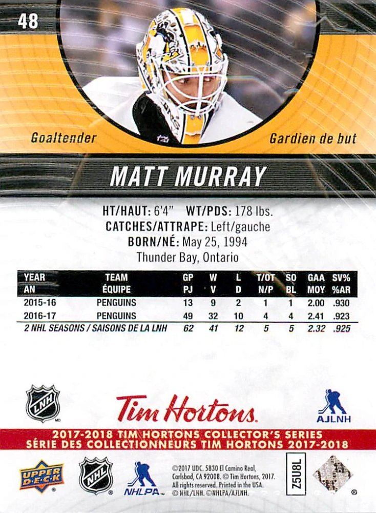 2017-18 UD Tim Hortons Collector's Series - Matt Murray #48