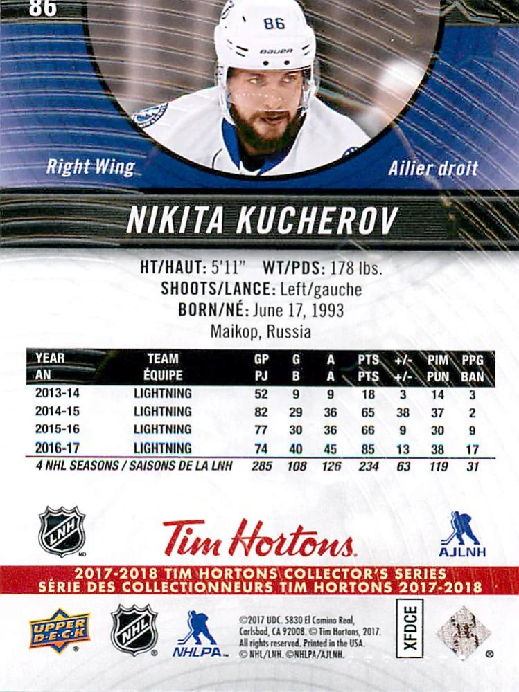 2017-18 UD Tim Hortons Collector's Series - Nikita Kucherov #86