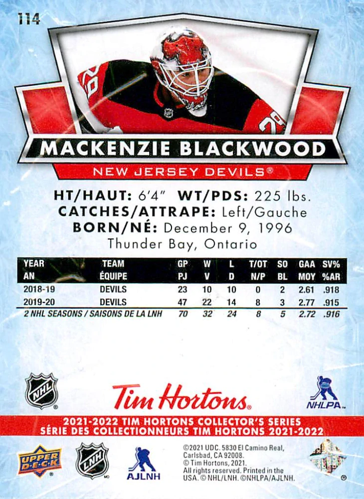 2021-22 UD Tim Hortons Collector's Series - Mackenzie Blackwood #114