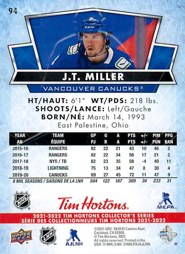 2021-22 UD Tim Hortons Collector's Series - J.T. Miller #94