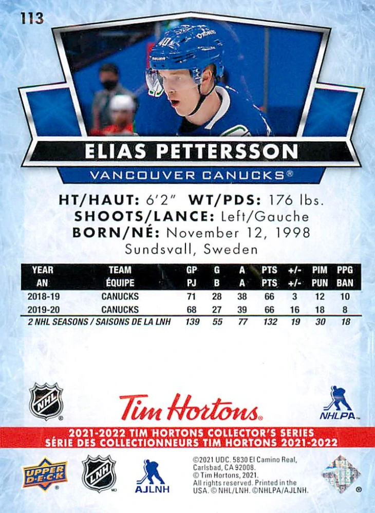 2021-22 UD Tim Hortons Collector's Series - Elias Pettersson #113