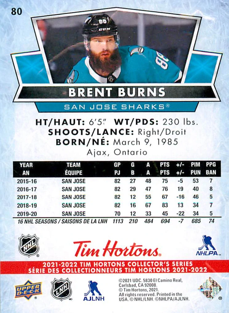 2021-22 UD Tim Hortons Collector's Series - Brent Burns #80