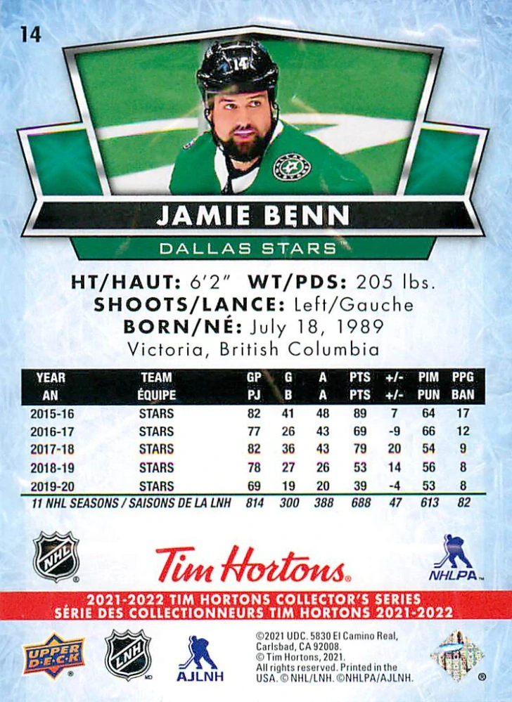 2021-22 UD Tim Hortons Collector's Series - Jamie Benn #14
