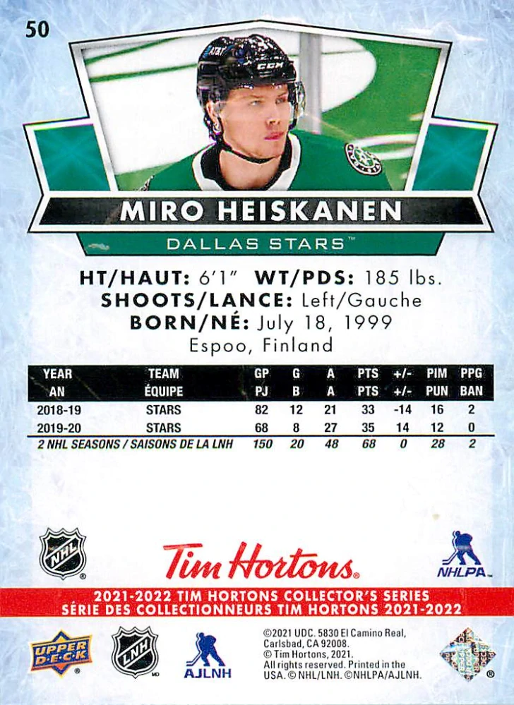 2021-22 UD Tim Hortons Collector's Series - Miro Heiskanen #50