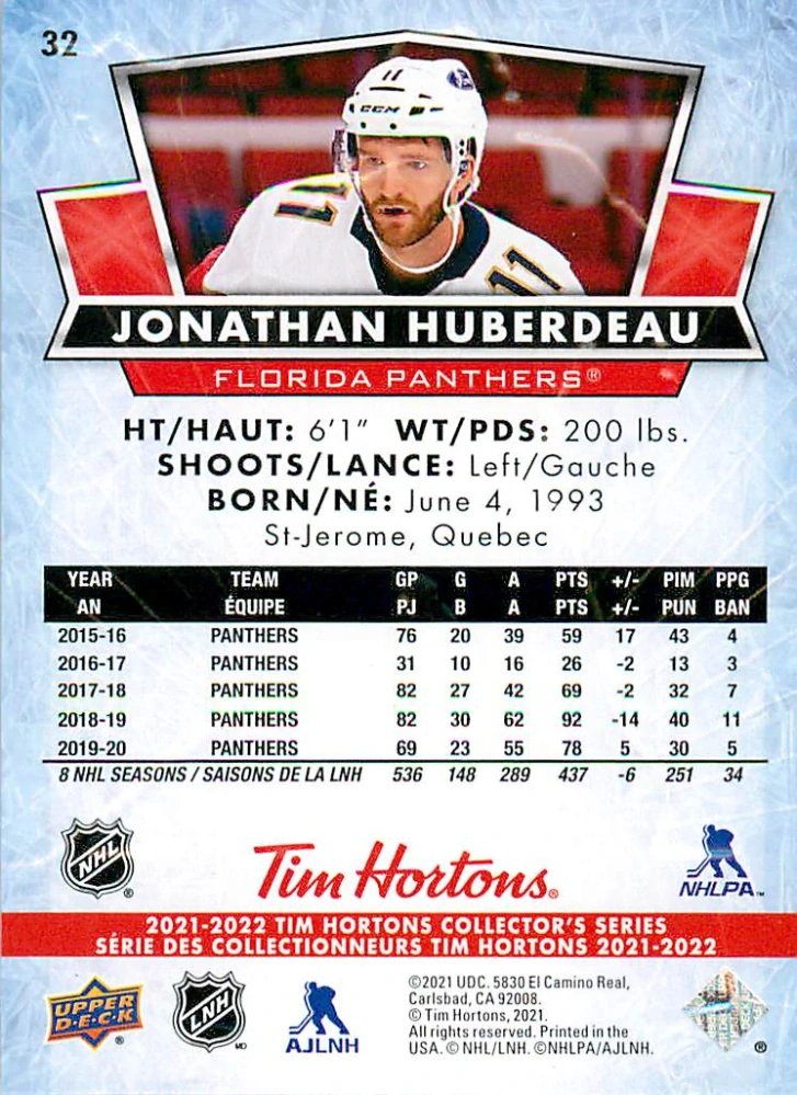 2021-22 UD Tim Hortons Collector's Series - Jonathan Huberdeau #32