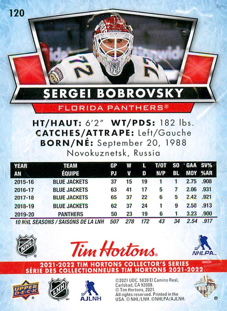 2021-22 UD Tim Hortons Collector's Series - Sergei Bobrovsky #120