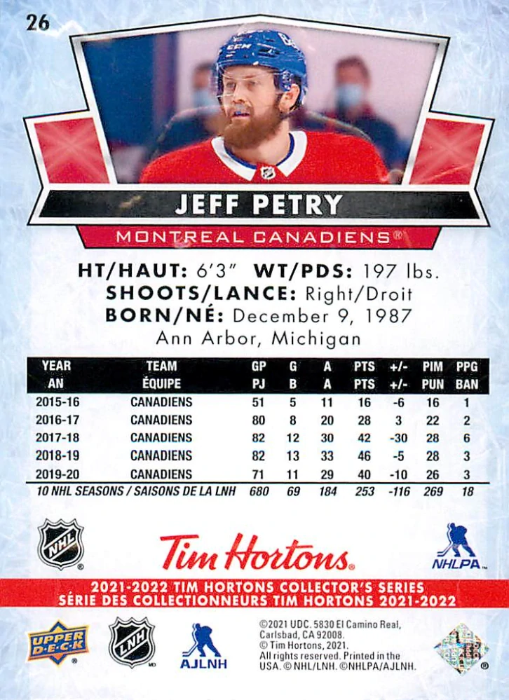 2021-22 UD Tim Hortons Collector's Series - Jeff Petry #26