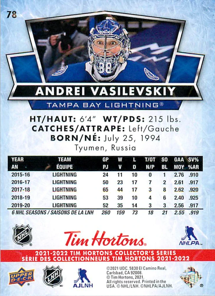2021-22 UD Tim Hortons Collector's Series - Andrei Vasilevskiy #78