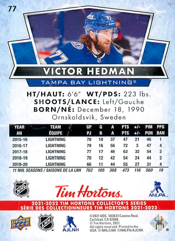 2021-22 UD Tim Hortons Collector's Series - Victor Hedman #77