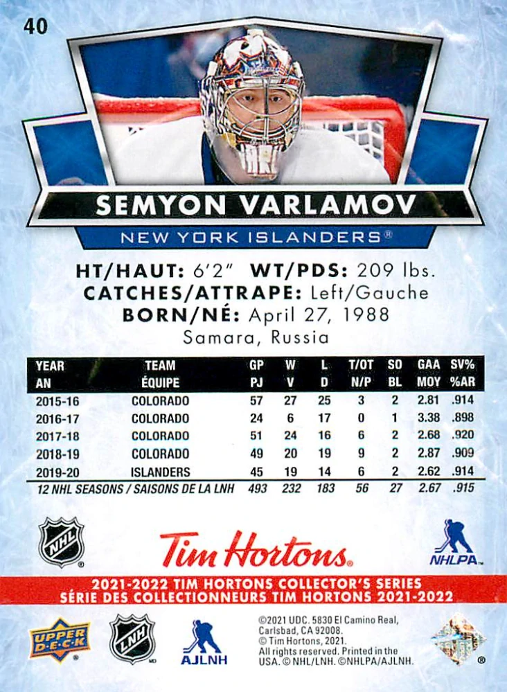 2021-22 UD Tim Hortons Collector's Series - Semyon Varlamov #40