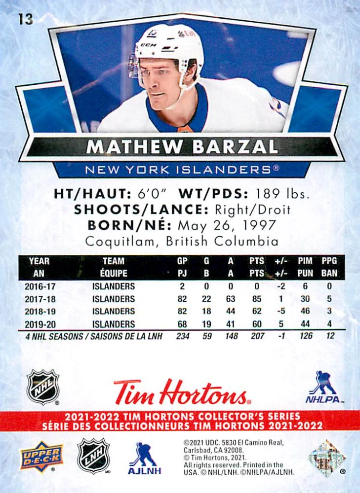 2021-22 UD Tim Hortons Collector's Series - Mathew Barzal #13