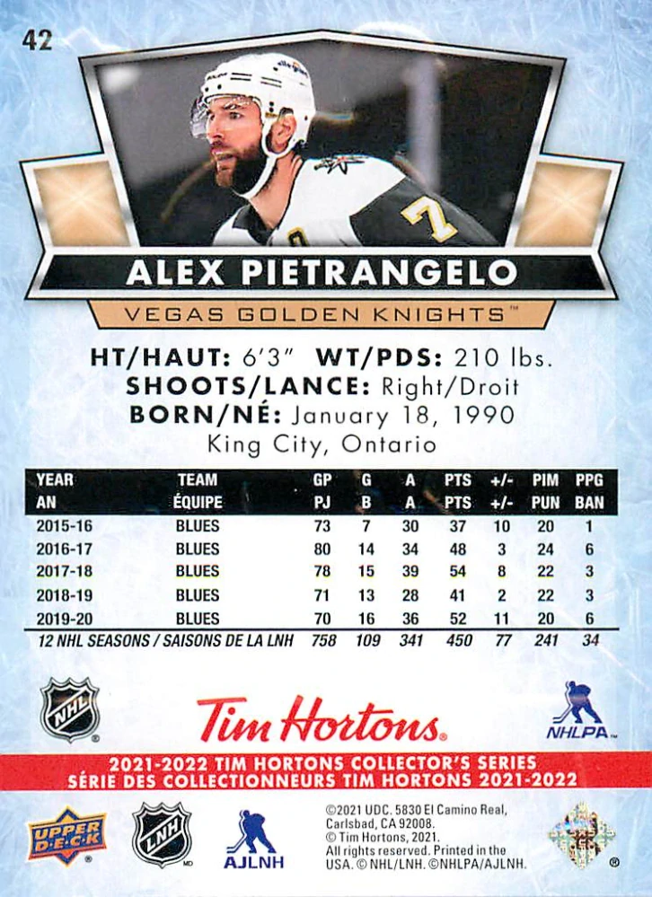 2021-22 UD Tim Hortons Collector's Series - Alex Pietrangelo #42