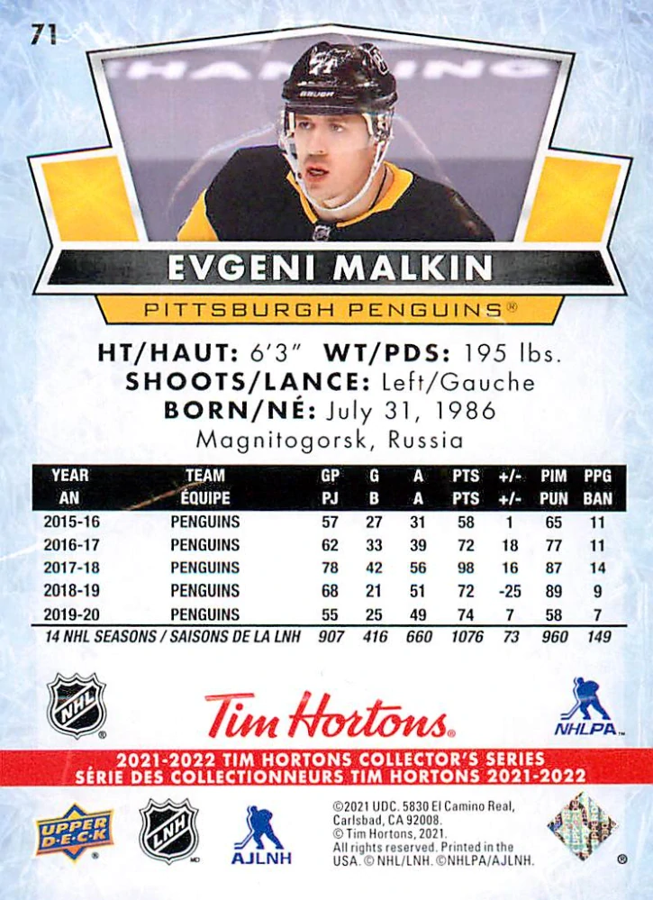 2021-22 UD Tim Hortons Collector's Series - Evgeni Malkin #71