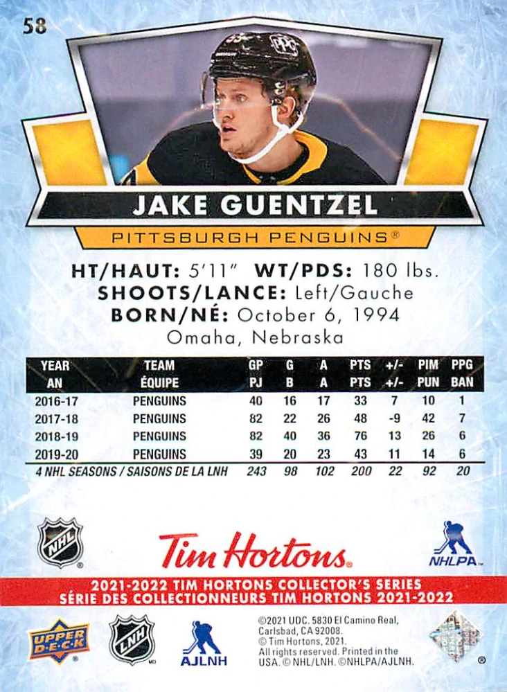 2021-22 UD Tim Hortons Collector's Series - Jake Guentzel #58