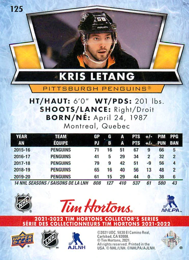 2021-22 UD Tim Hortons Collector's Series - Kris Letang #125