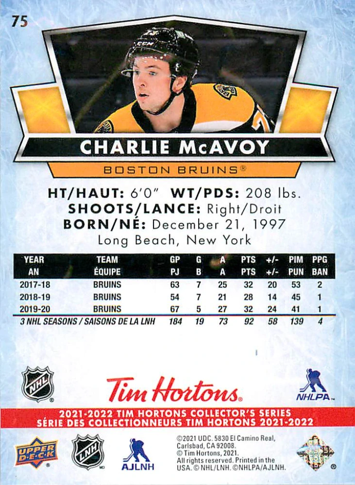 2021-22 UD Tim Hortons Collector's Series - Charlie McAvoy #75