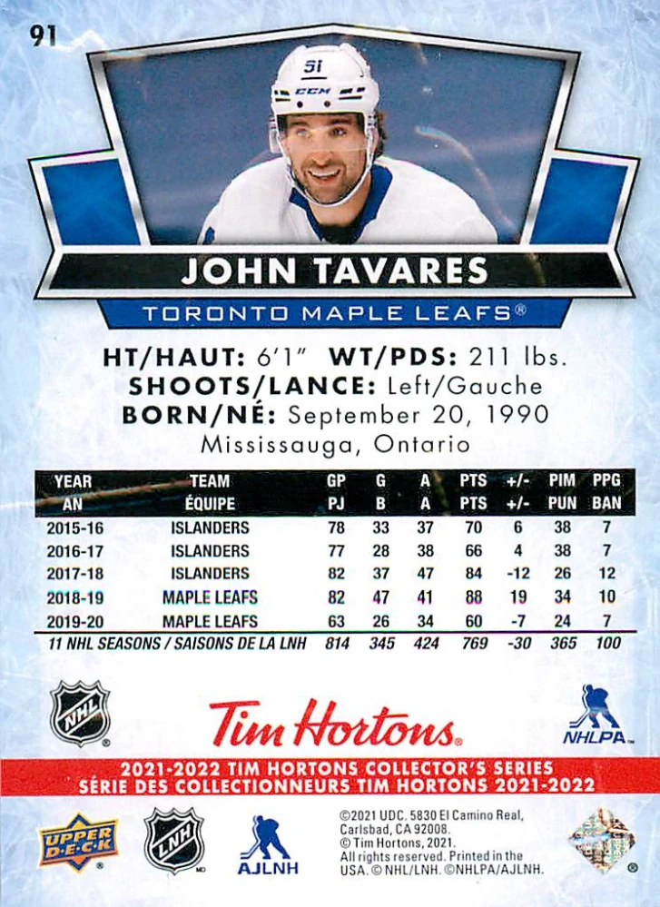 2021-22 UD Tim Hortons Collector's Series - John Tavares #91