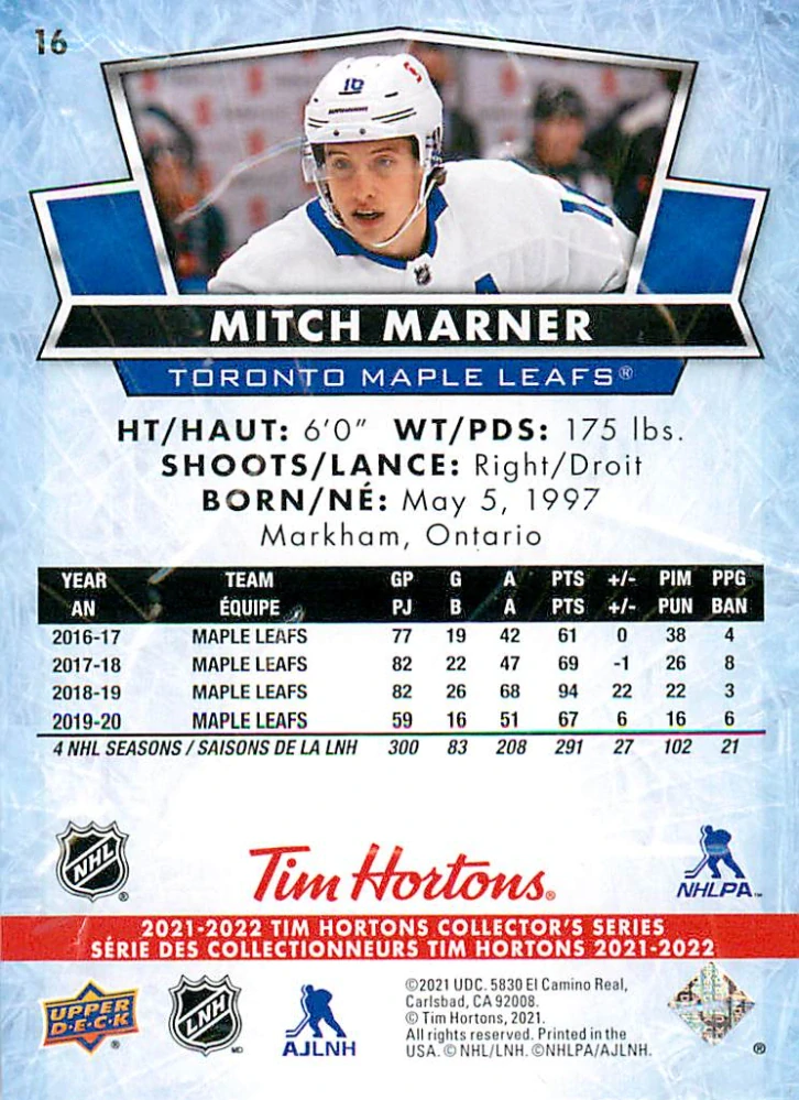 2021-22 UD Tim Hortons Collector's Series - Mitch Marner #16