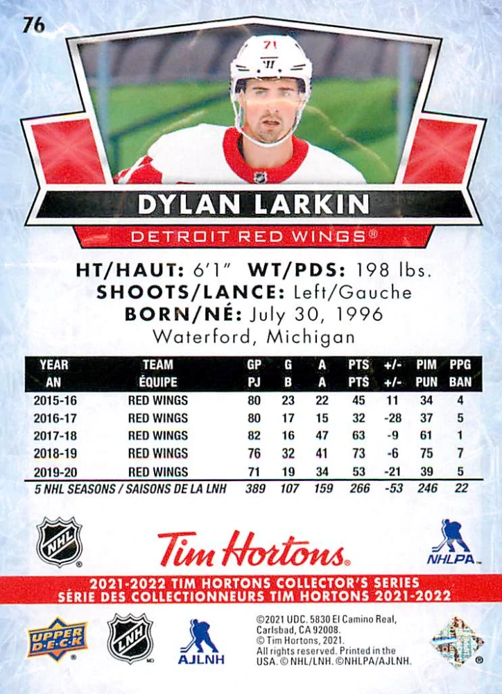 2021-22 UD Tim Hortons Collector's Series - Dylan Larkin #76