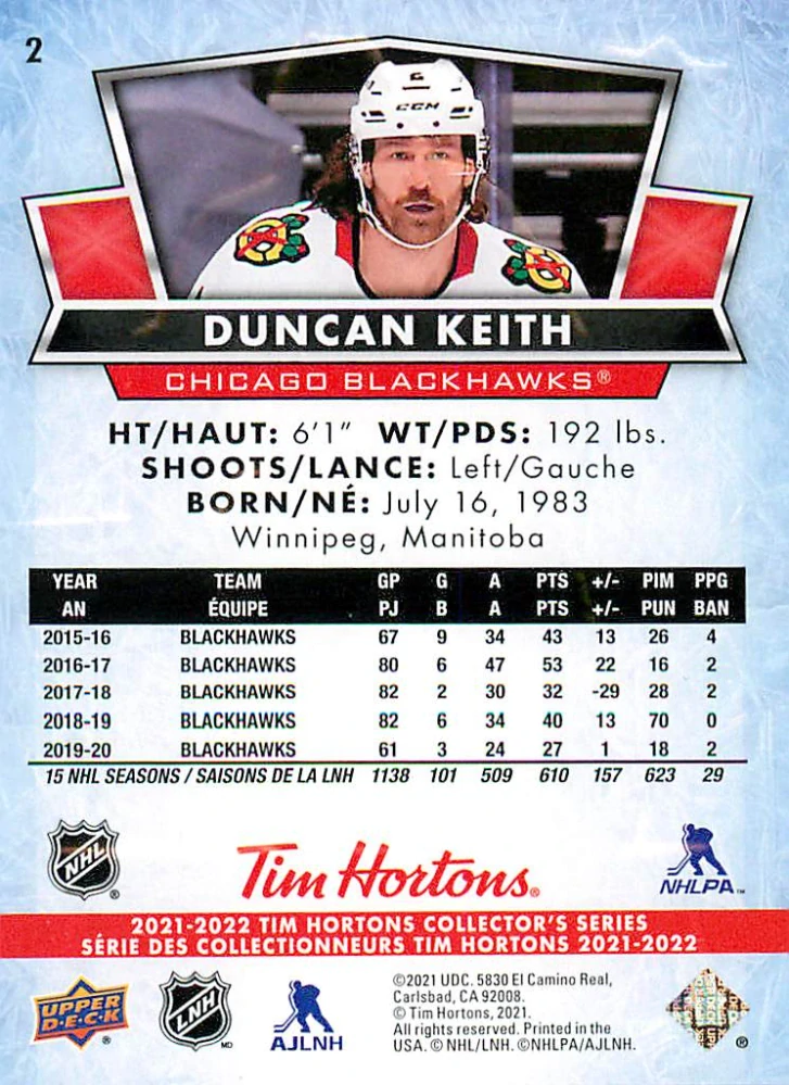 2021-22 UD Tim Hortons Collector's Series - Duncan Keith #2