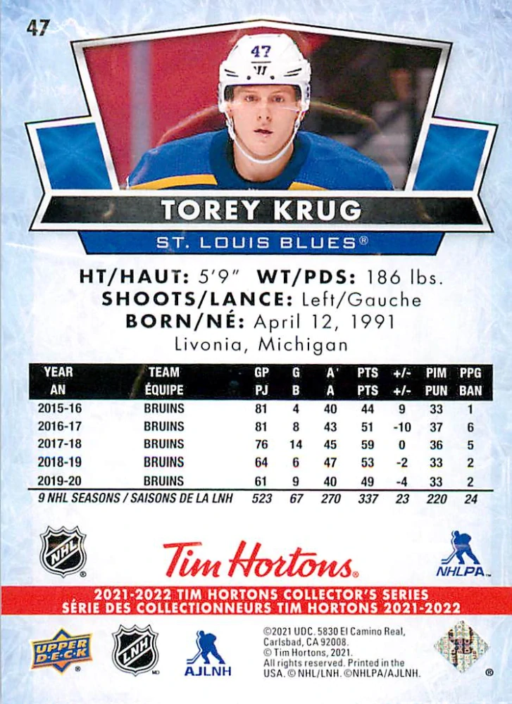 2021-22 UD Tim Hortons Collector's Series - Torey Krug #47