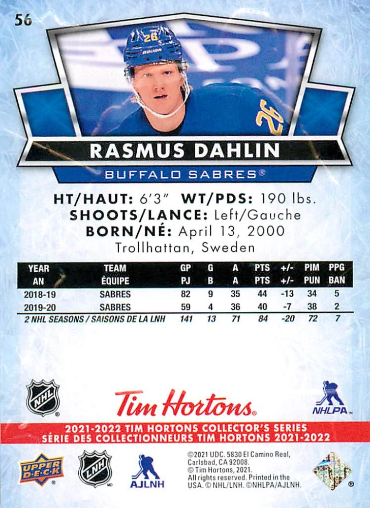 2021-22 UD Tim Hortons Collector's Series - Rasmus Dahlin #56