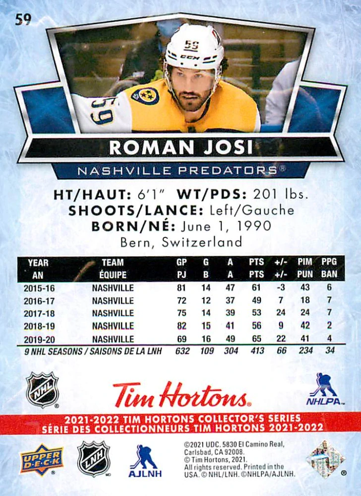 2021-22 UD Tim Hortons Collector's Series - Roman Josi #59