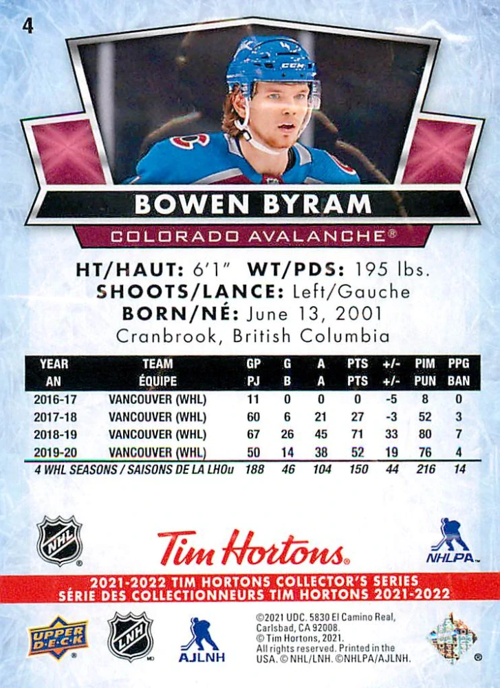 2021-22 UD Tim Hortons Collector's Series - Bowen Byram #4