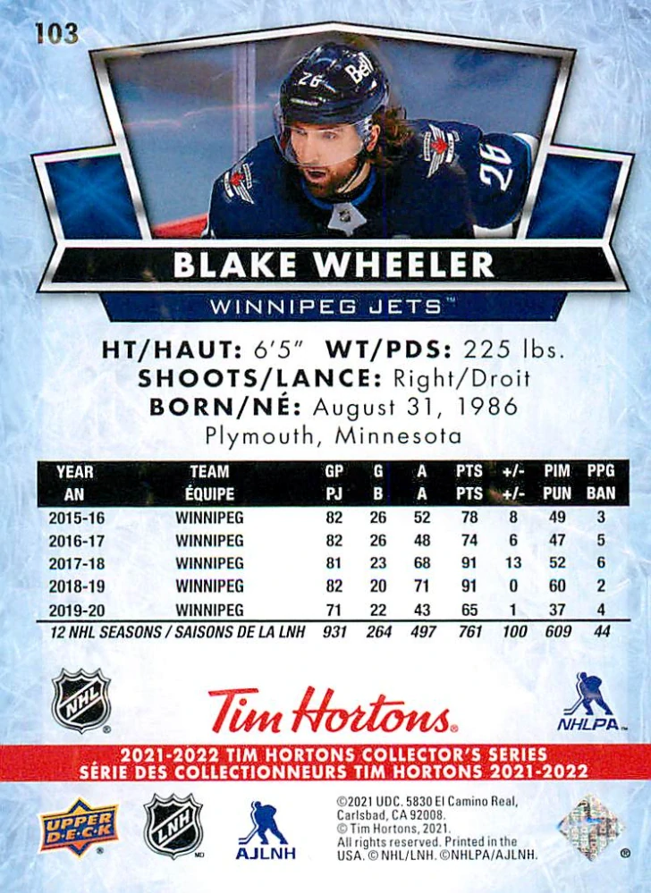 2021-22 UD Tim Hortons Collector's Series - Blake Wheeler #103