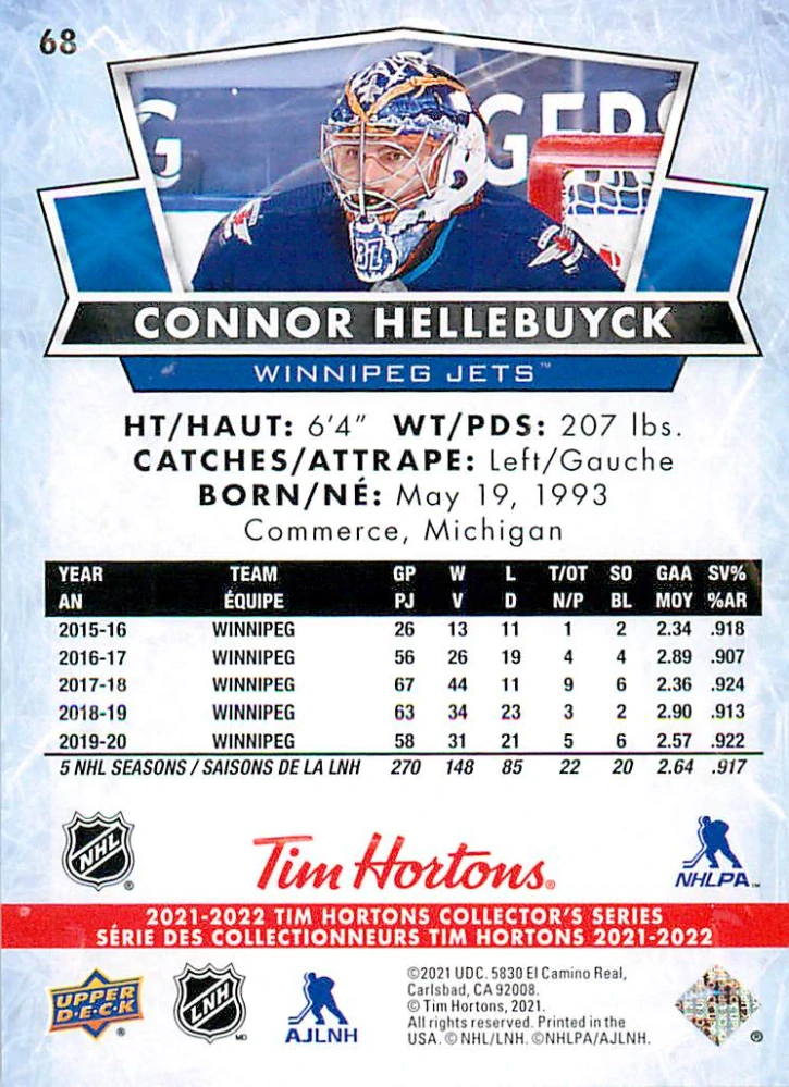 2021-22 UD Tim Hortons Collector's Series - Connor Hellebyuck #68