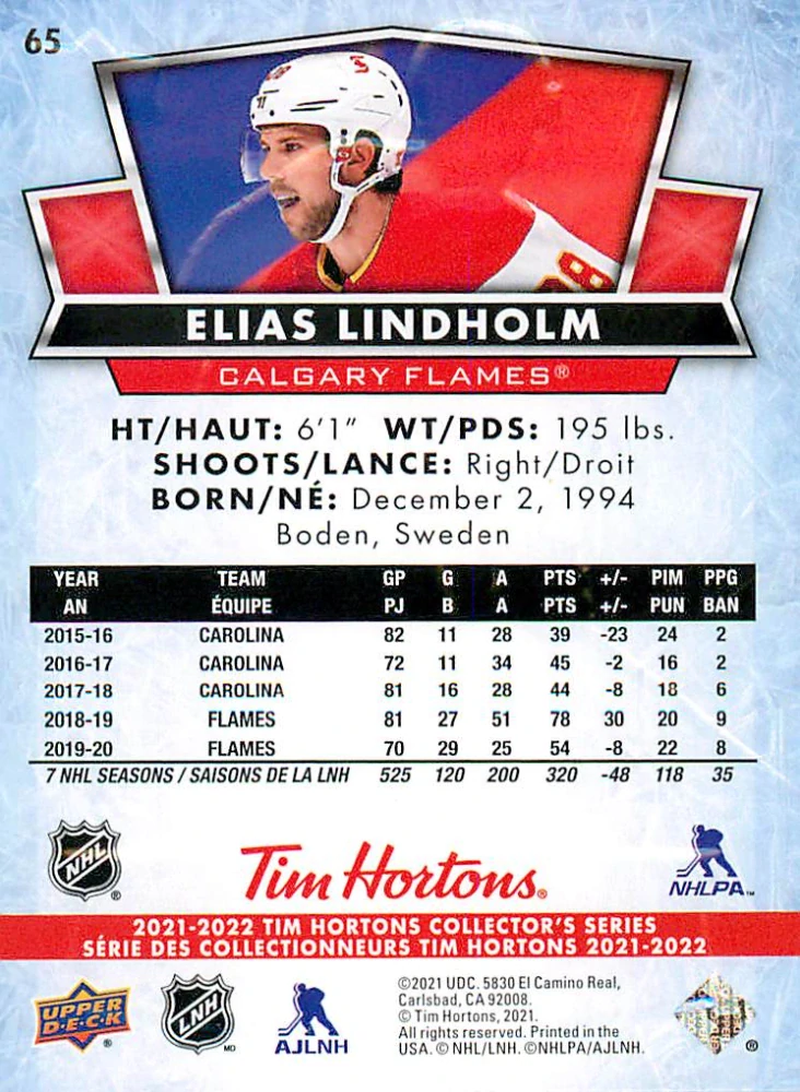 2021-22 UD Tim Hortons Collector's Series - Elias Lindholm #65