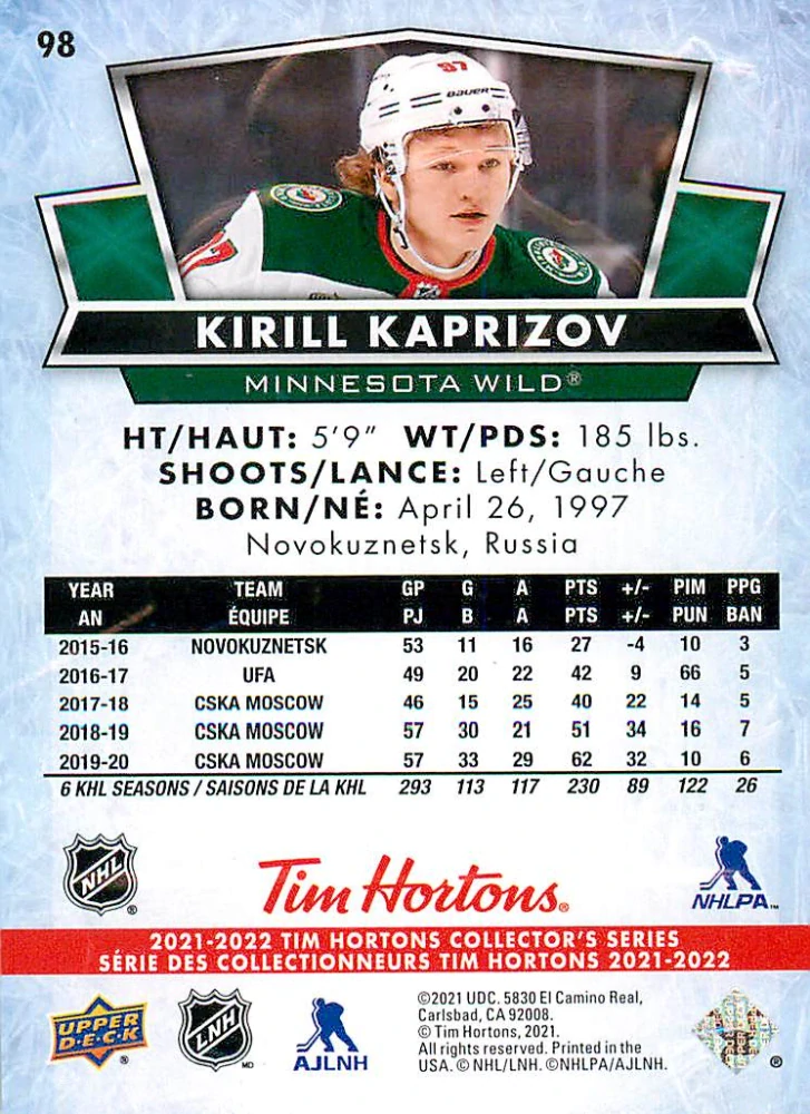 2021-22 UD Tim Hortons Collector's Series - Kirill Kaprizov #98