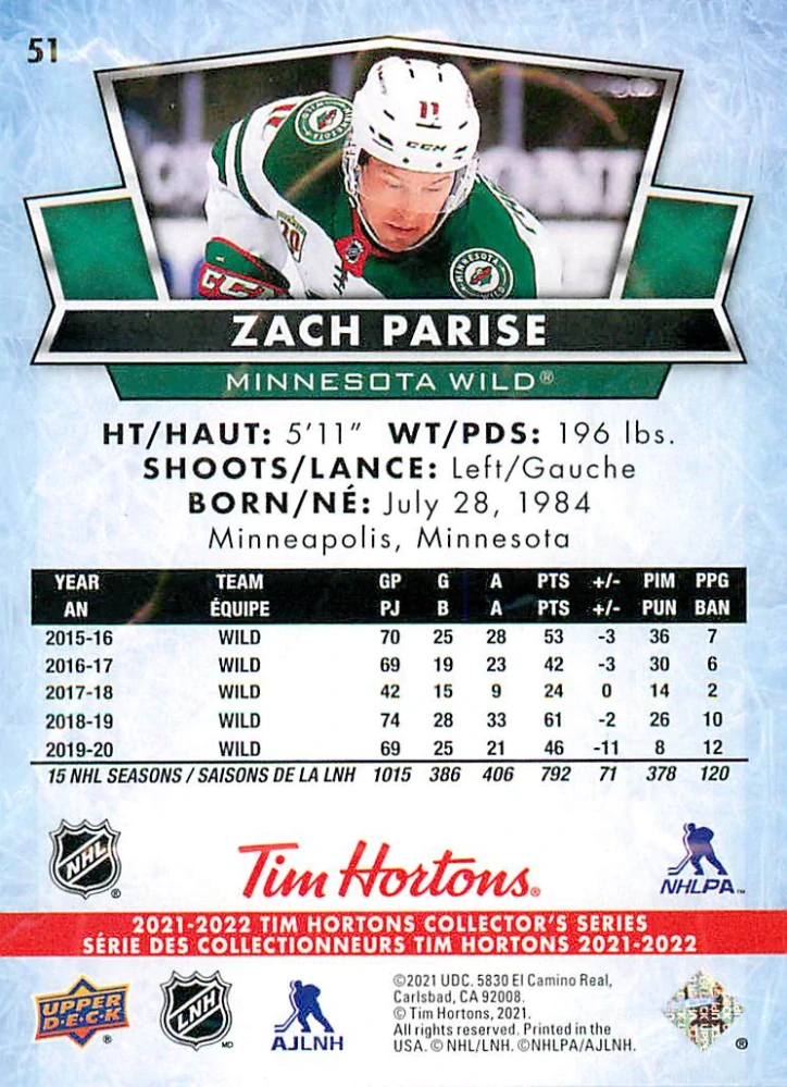2021-22 UD Tim Hortons Collector's Series - Zach Parise #51