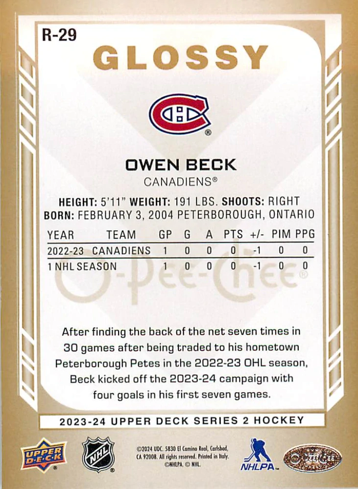 2023-24 UD Series 2 - Owen Beck - O-Pee-Chee Glossy Gold #R-29