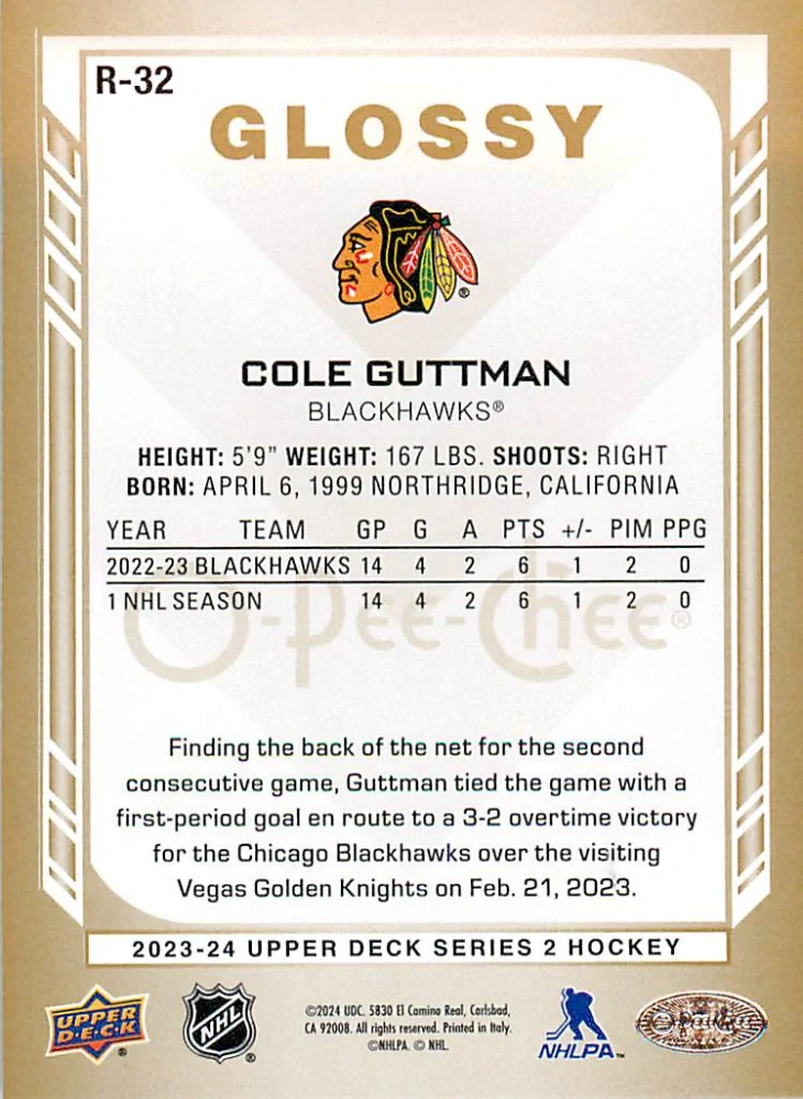 2023-24 UD Series 2 - Cole Guttman - O-Pee-Chee Glossy Gold #R-32