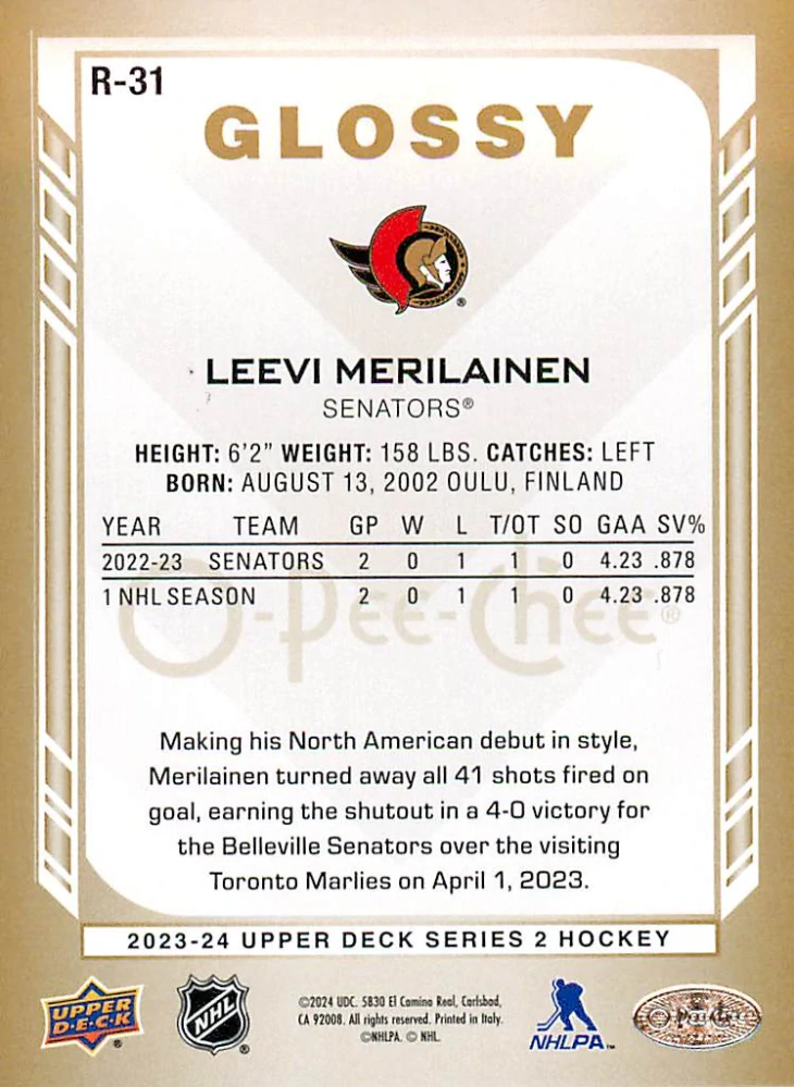 2023-24 UD Series 2 - Leevi Merilainen - O-Pee-Chee Glossy Gold #R-31