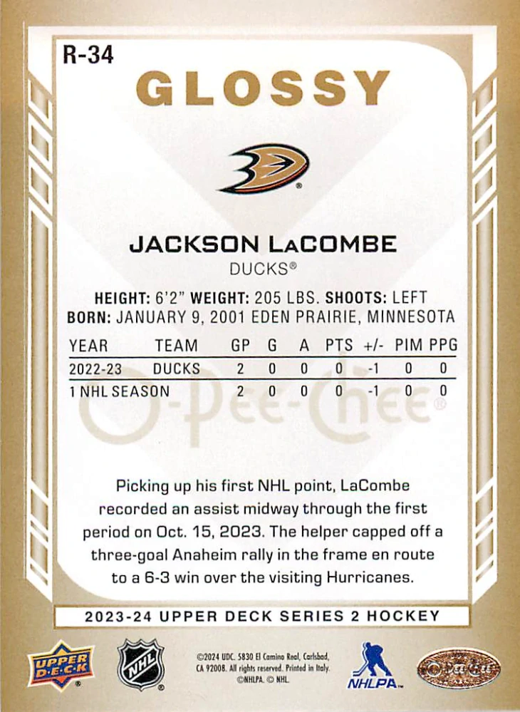 2023-24 UD Series 2 - Jackson LaCombe - O-Pee-Chee Glossy Gold #R-34