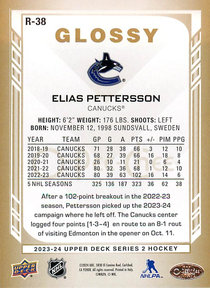 2023-24 UD Series 2 - Elias Pettersson - O-Pee-Chee Glossy Gold #R-38