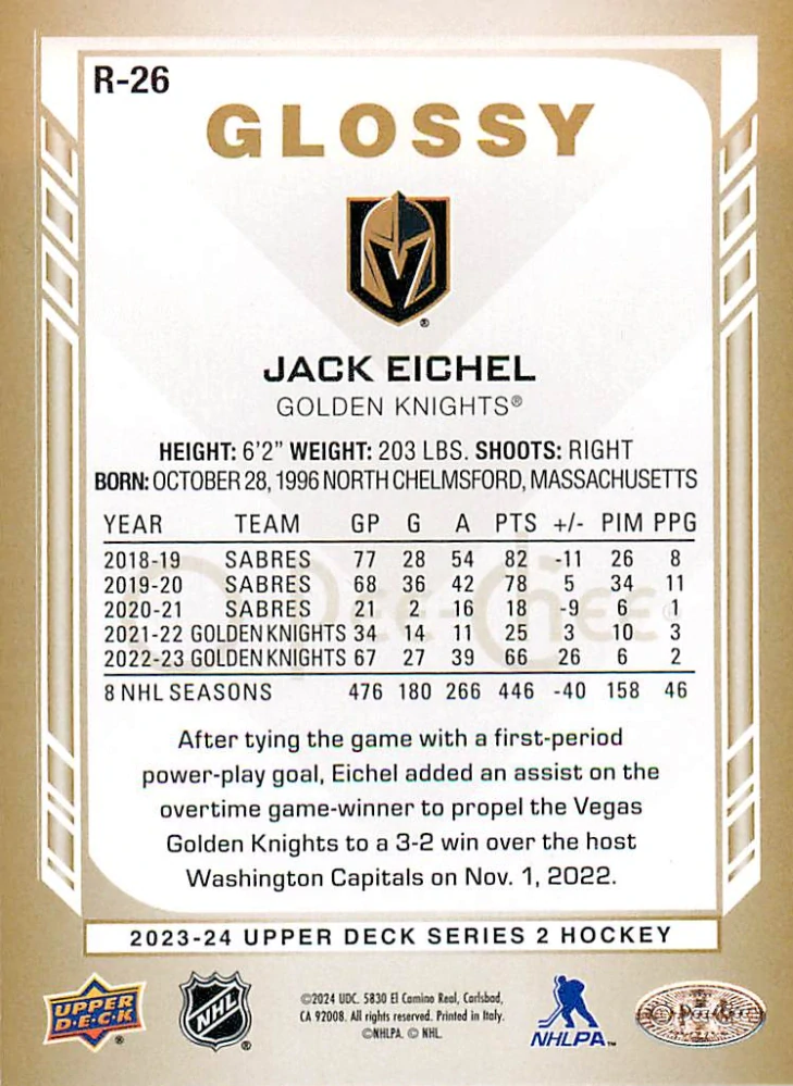 2023-24 UD Series 2 - Jack Eichel - O-Pee-Chee Glossy Gold #R-26