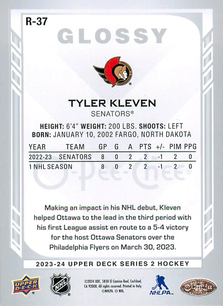 2023-24 UD Series 2 - Tyler Kleven - O-Pee-Chee Glossy #R-37