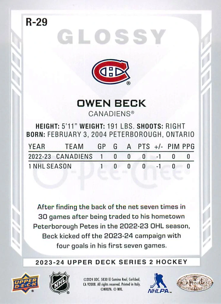 2023-24 UD Series 2 - Owen Beck - O-Pee-Chee Glossy #R-29