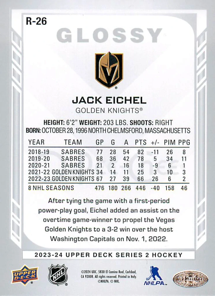 2023-24 UD Series 2 - Jack Eichel - O-Pee-Chee Glossy #R-26