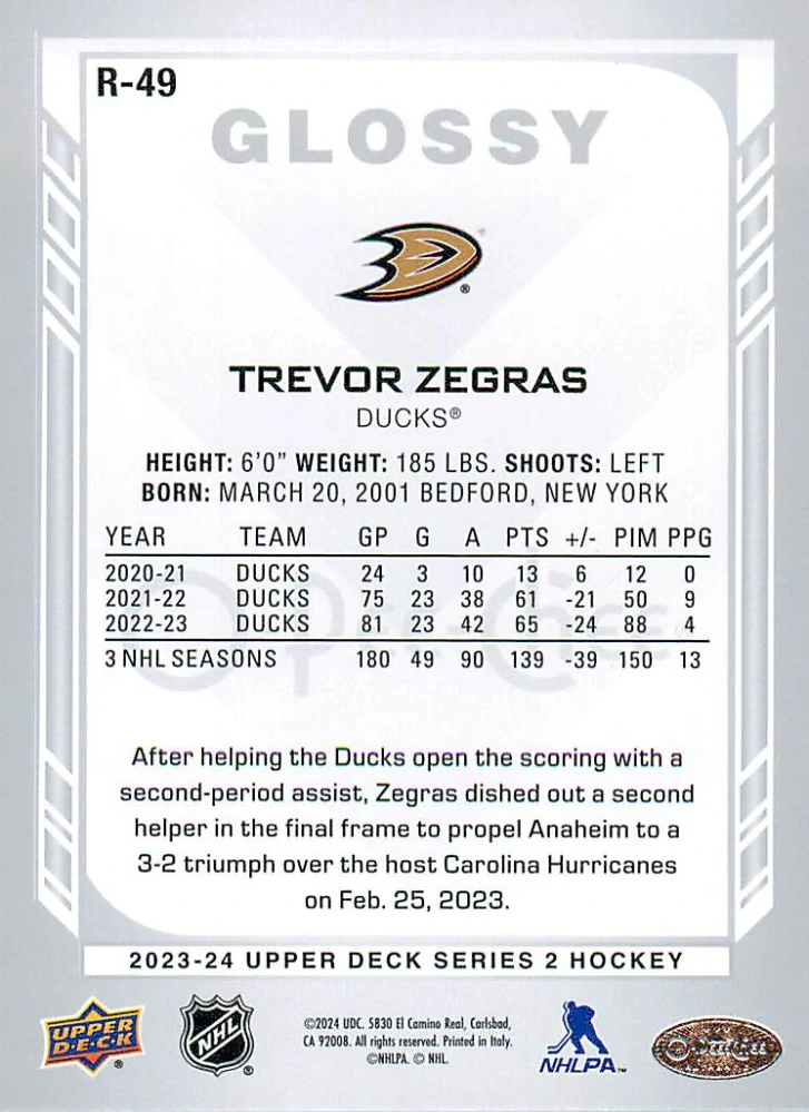 2023-24 UD Series 2 - Trevor Zegras - O-Pee-Chee Glossy #R-49