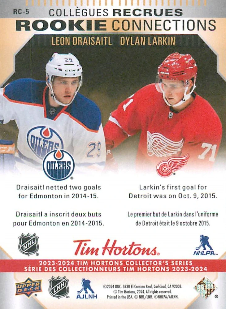 2023-24 UD Tim Hortons Greatest Duos - Leon Draisaitl, Dylan Larkin - Rookie Connections #RC-5