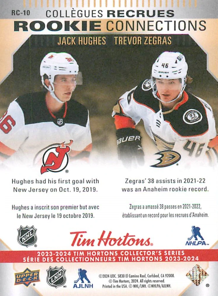 2023-24 UD Tim Hortons Greatest Duos - Jack Hughes, Trevor Zegras - Rookie Connections #RC-10