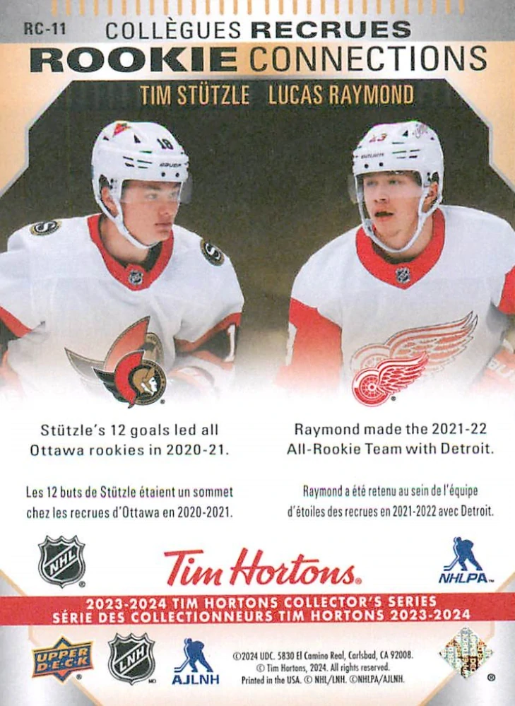 2023-24 UD Tim Hortons Greatest Duos - Tim Stutzle, Lucas Raymond - Rookie Connections #RC-11