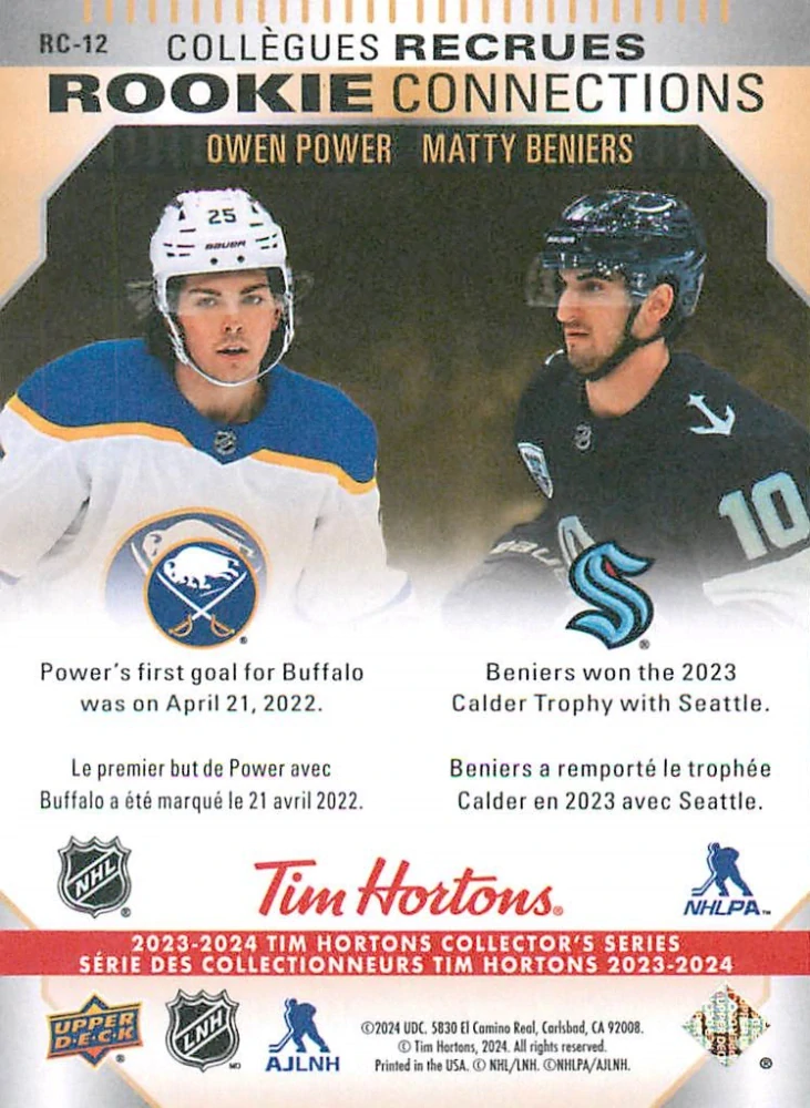 2023-24 UD Tim Hortons Greatest Duos - Owen Power, Matty Beniers - Rookie Connections #RC-12